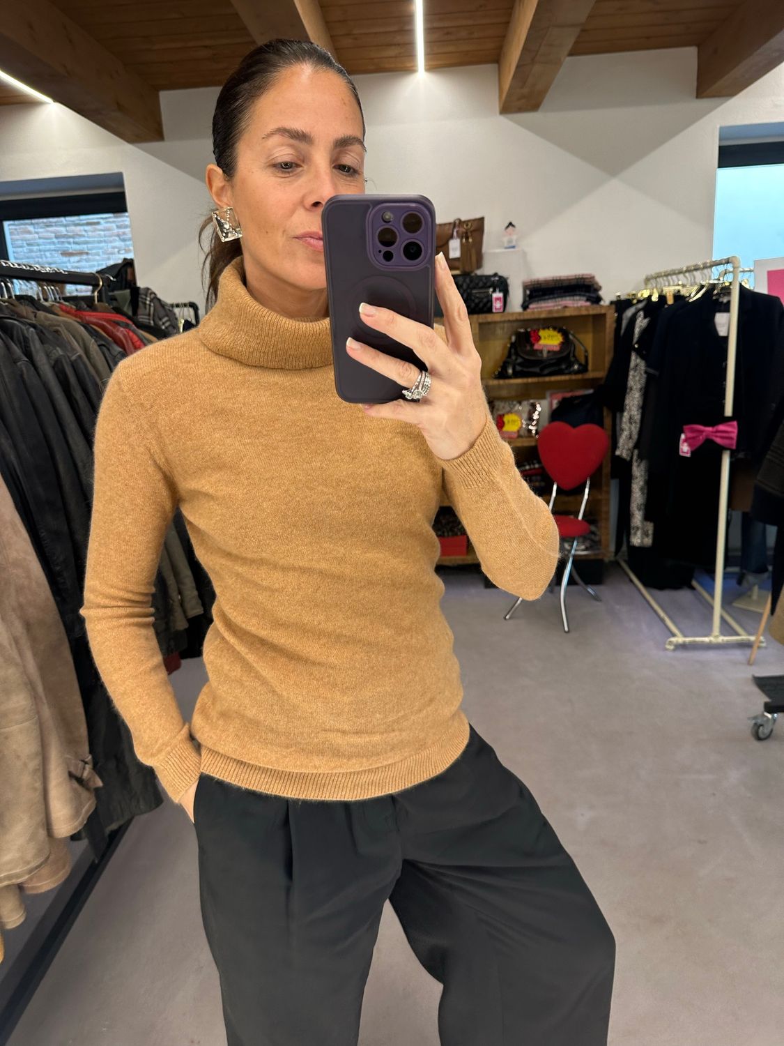 MAGLIONCINO PURO CASHMERE COLLO ALTO CAMMELLO TG M DONNA