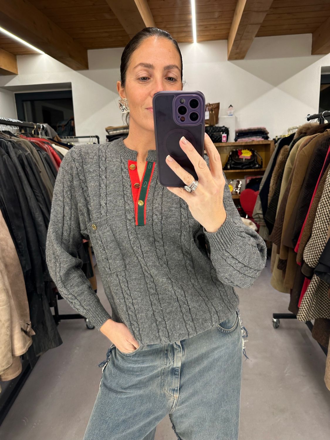 MAGLIONCINO VINTAGE PURA LANA VERGINE BANDA WEB E BOTTONI ORO CC