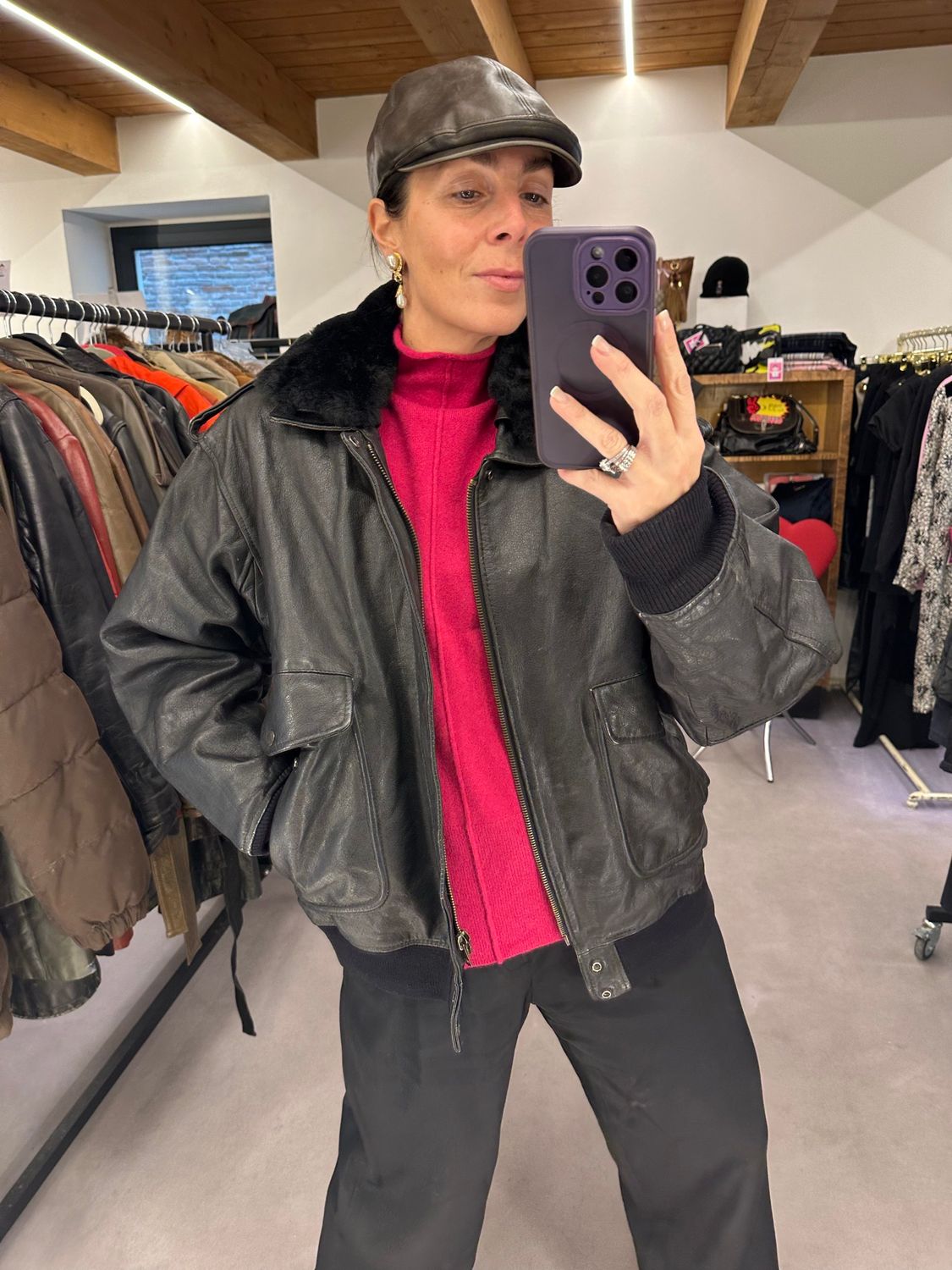 AVIATOR VINTAGE VERA PELLE NERO CON INTERNO E COLLO TEDDY