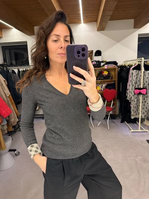 V NECK PURO CASHMERE BURBERRY GRIGIO ANTRACITE POLSINI FANTASIA CHECK DONNA TG M