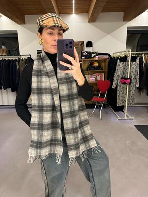 SCIARPA BARBOUR TARTAN GRIGIO CHIARO SCURO RIGA CAMMELLO PURA LANA VERGINE 