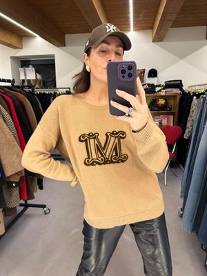 MAGLIONE ICONICO MAX MARA CASHMERE E LANA CAMMELLO CON LOGO 3D TESTA DI MORO TG L 