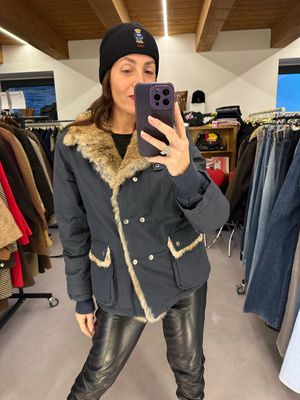 GIACCONE WOOLRICH BLU DONNA VERA PIUMA D OCA COLLO E PROFILO IN VERA PELLICCIA