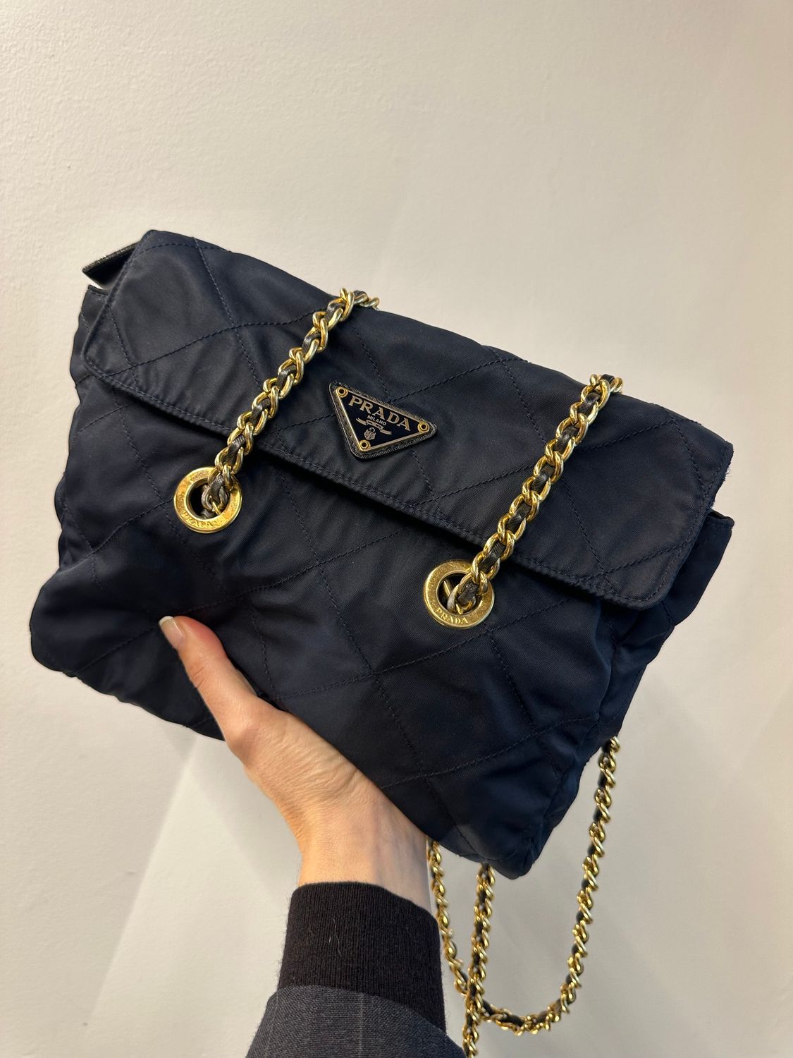 BORSA PRADA VINTAGE NYLON TRAPUNTATO BLU METALLERIA ORO