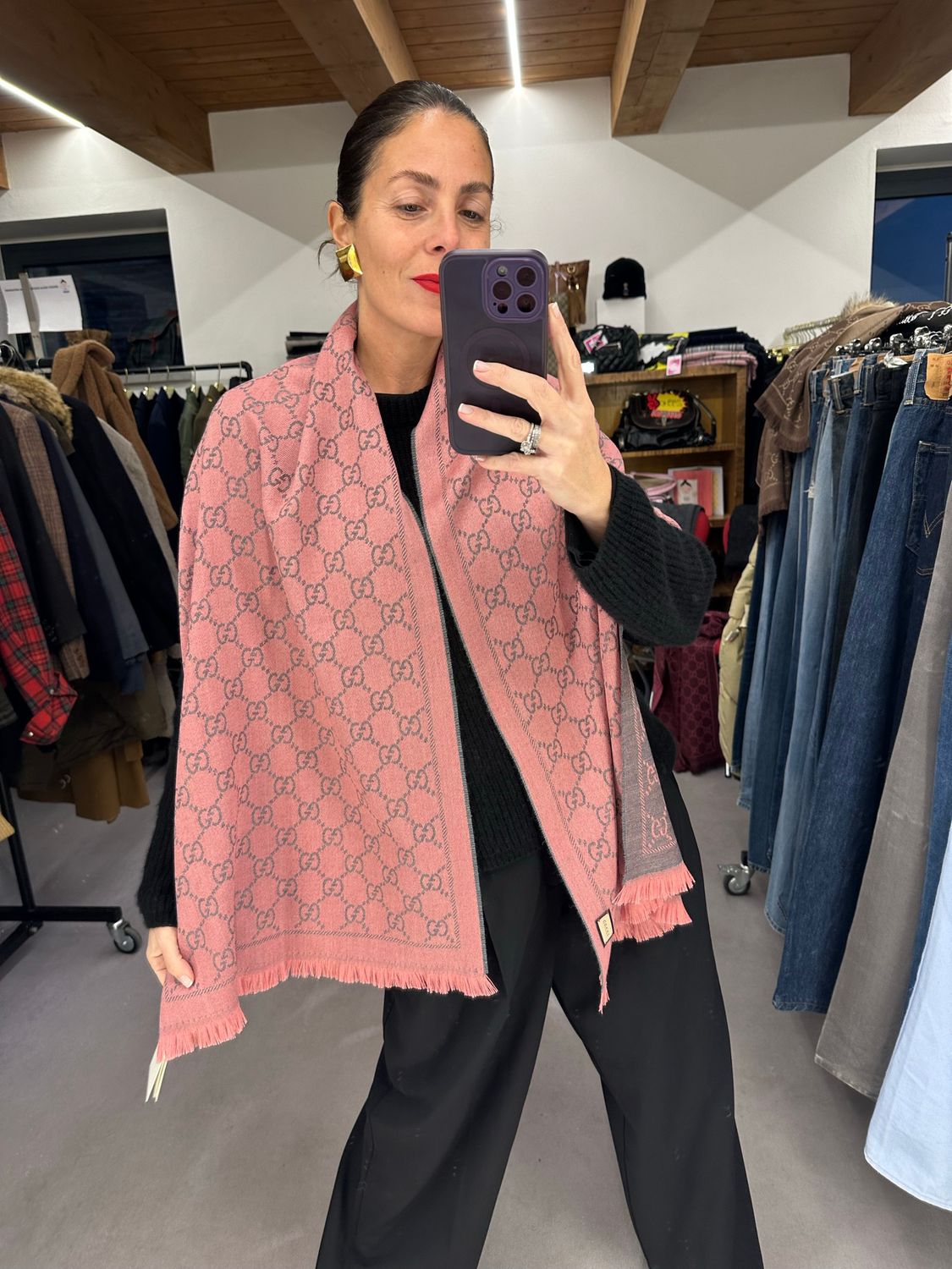 MAXI SCIARPA STOLA GUCCI LANA JACQUARD ROSA/GRIGIO NUOVA