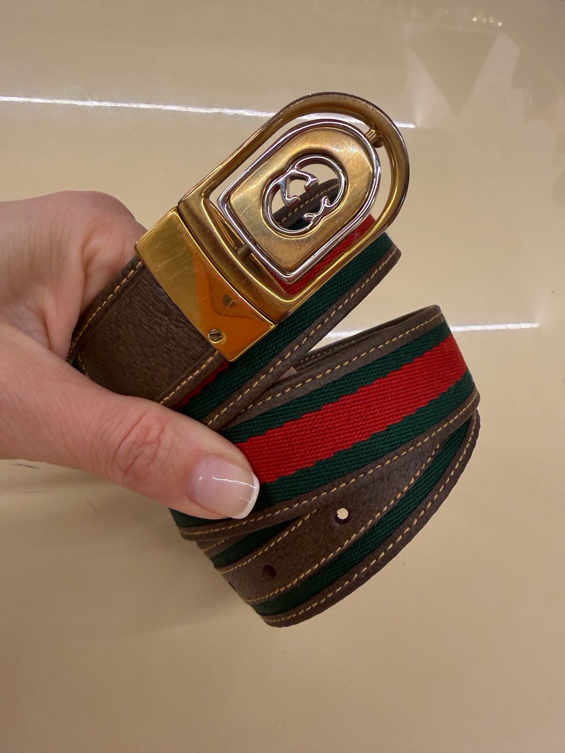CINTURA GUCCI VINTAGE PELLE MARRONE E BANDA WEB FIBBIA ARGENTO ORO CON LOGO MISURA 100
