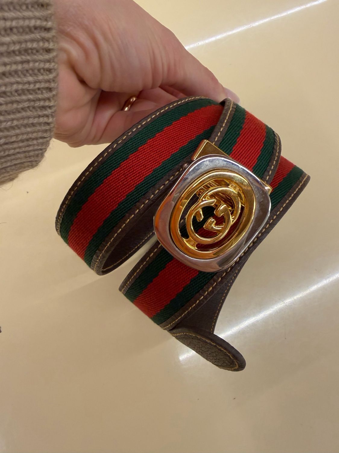 CINTURA GUCCI VINTAGE BANDA WEB E PELLE MARRONE FIBBIA ORO ARGENTO CON LOGO MISURA 95