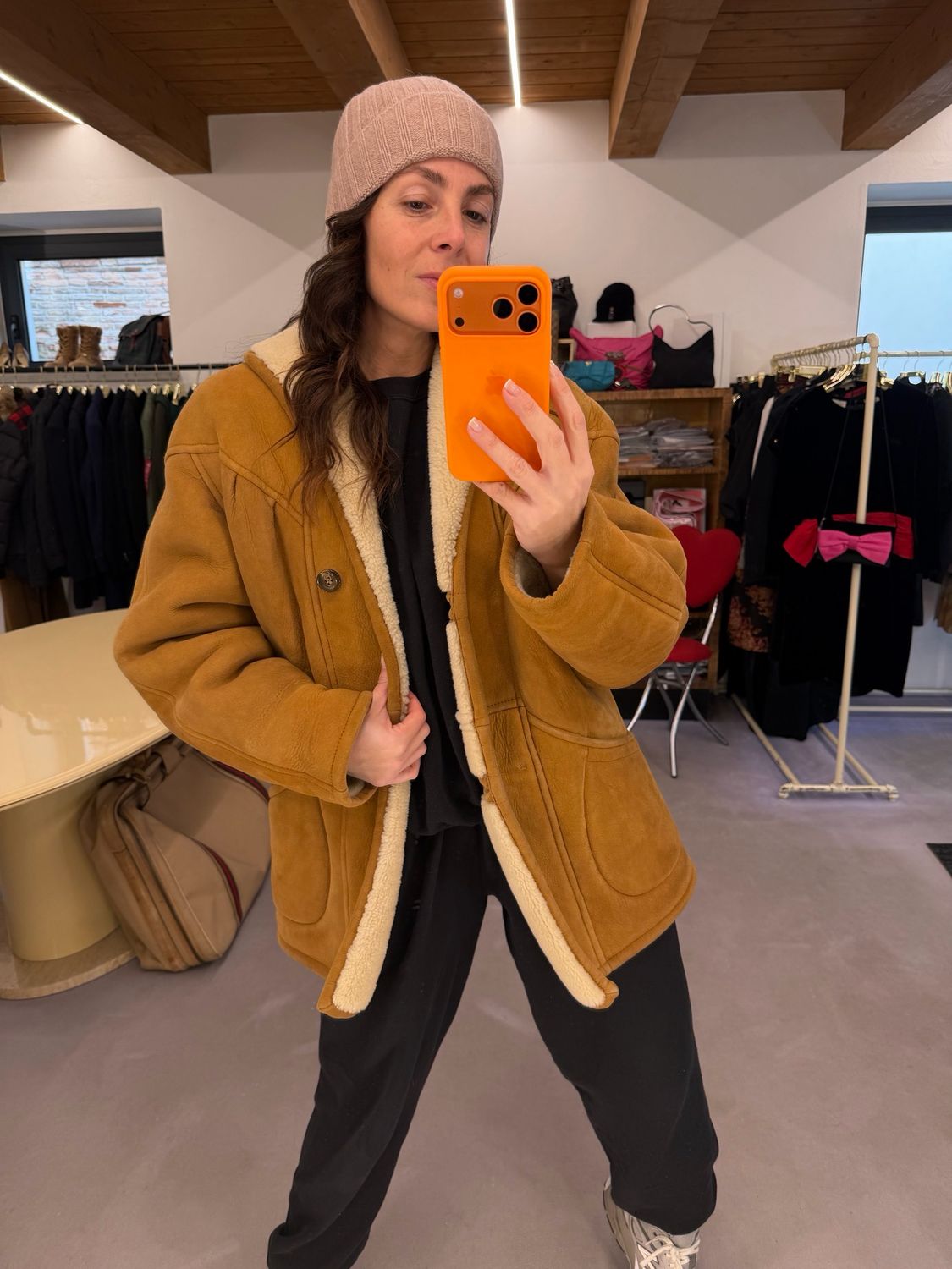 MONTONE VINTAGE DONNA PELLE SCAMOSCIATA CAMMELLO INTERNO PANNA