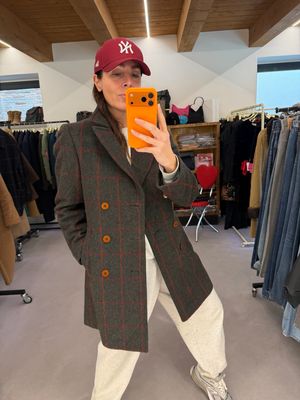 CAPPOTTO VINTAGE DOPPIOPETTO UNISEX PURA LANA FANGO SQUADRETTATURA ROSSA TG 42