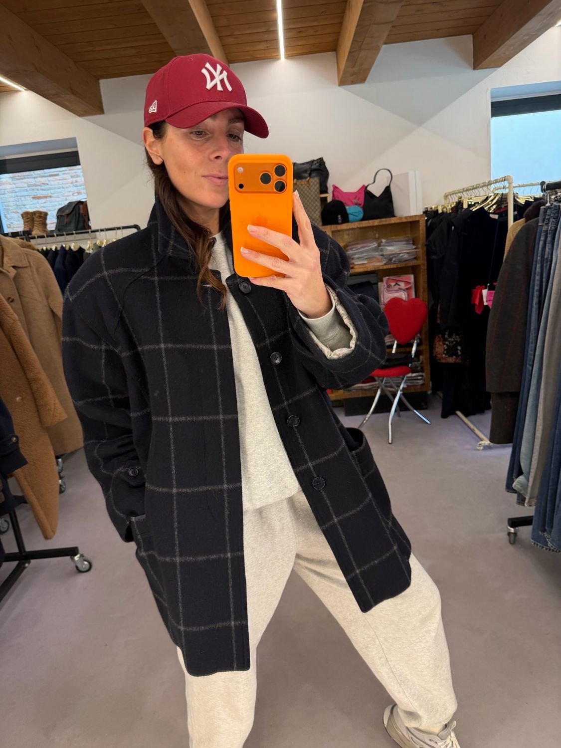 GIACCONE VINTAGE CASHMERE E LANA BLU SQUADRETTATURA GRIGIA UNISEX TG 50