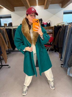 CAPPOTTO VINTAGE DONNA PURA LANA VERDE SMERALDO COLLO IN VERA PELLICCIA TG 42 ABBONDANTE