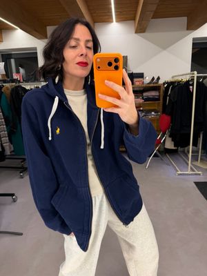 FELPA RALPH LAUREN BLU CAVALLINO GIALLO CON CAPPUCCIO UNISEX TG XXL