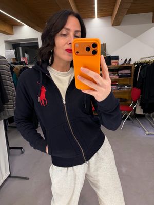 FELPA RALPH LAUREN BLU CON CAPPUCCIO CAVALLO MAXI ROSSO TG XS