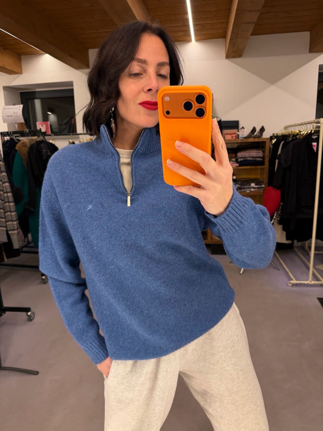 MAGLIONE BURBERRY AZZURRO MÉLANGE MEZZO COLLO MEZZA ZIP