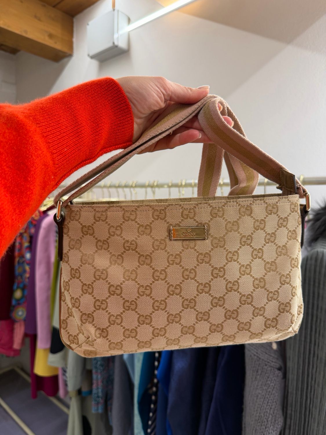 TRACOLLA GUCCI TESSUTO MONOGRAM E PELLE METAL