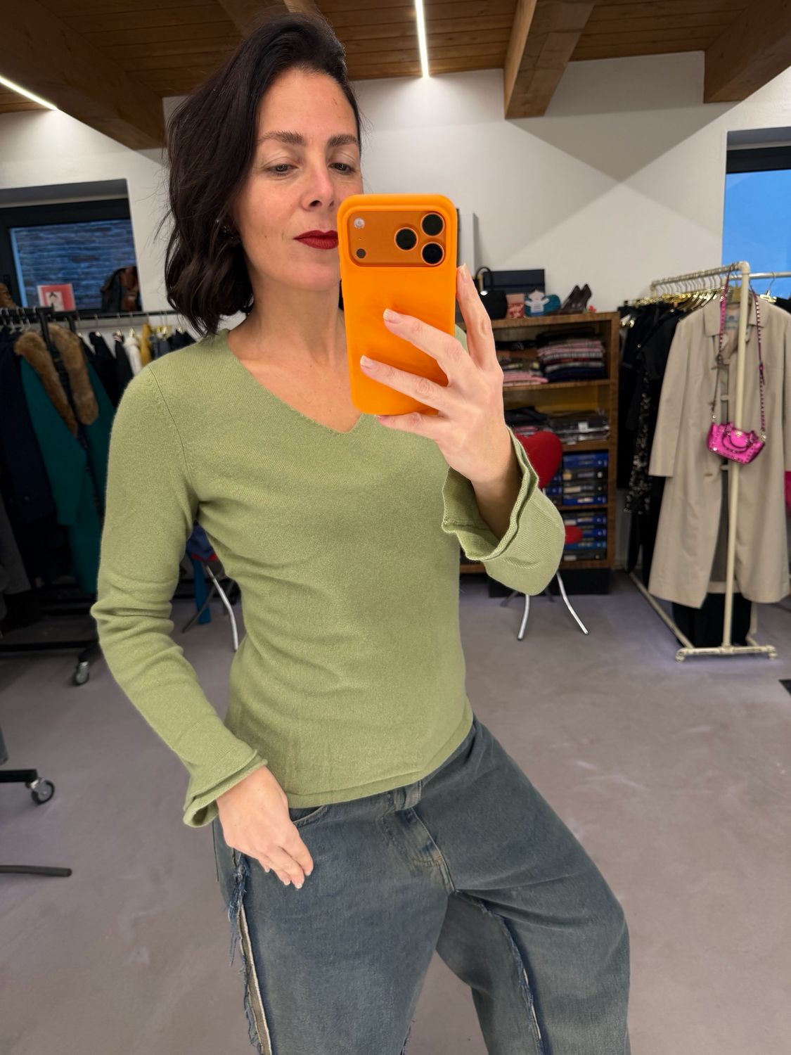 V NECK PURO CASHMERE VERDE OLIVA DONNA TG M