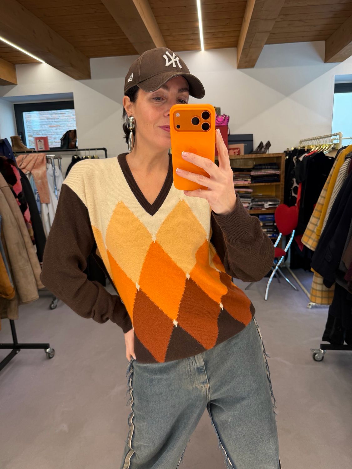 BALLANTYNE PURO CASHMERE INTARSIA UNISEX TG 48 MARRONE ARANCIO