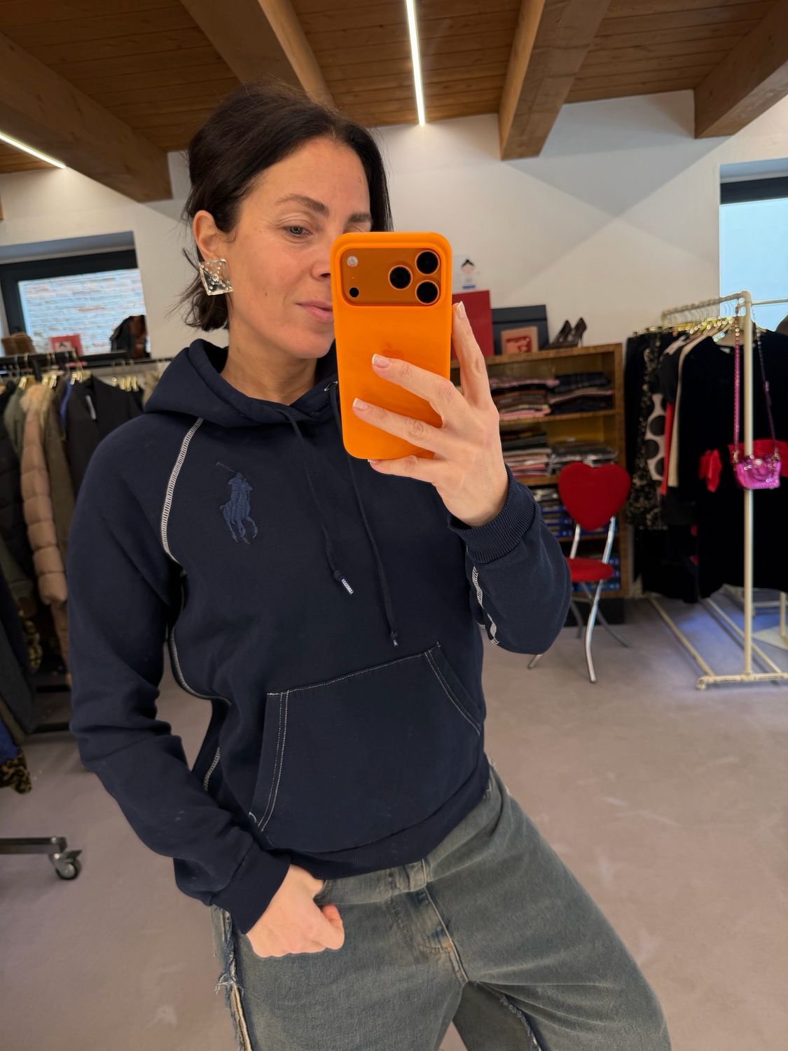 FELPA RALPH LAUREN BLU CON CAPPUCCIO MAXI LOGO