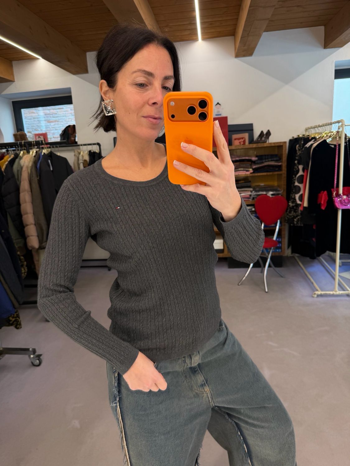 GIROCOLLO TOMMY HILFIGHER COTONE A TRECCE GRIGIO SCURO