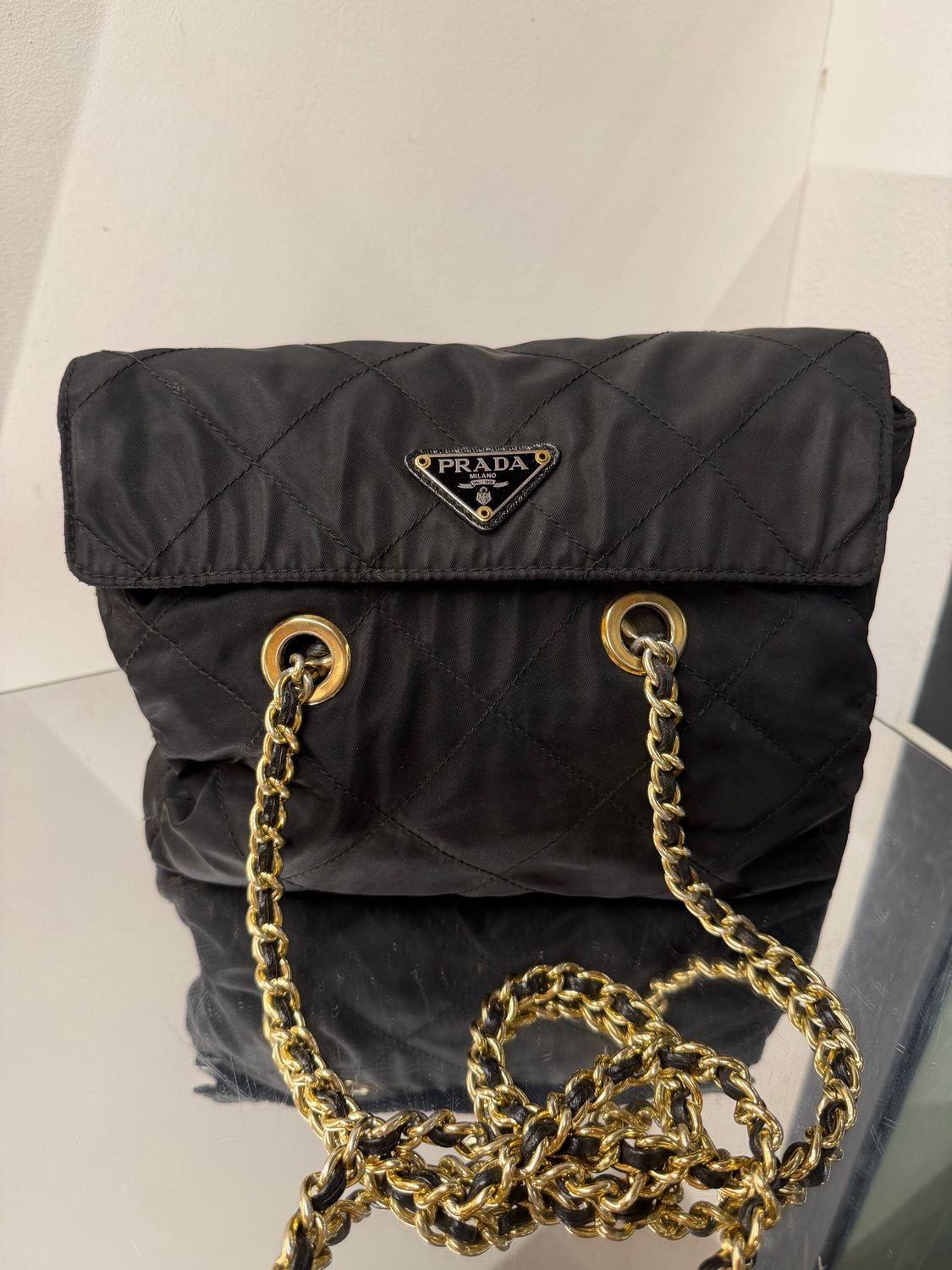 BORSA PRADA VINTAGE NYLON TRAPUNTATO NERO DOPPIA CATENA ORO