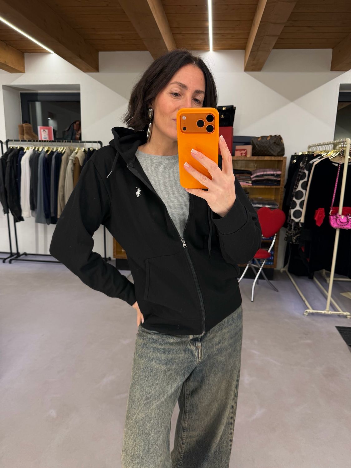 FELPA RALPH LAUREN PERFORMANCE NERA ZIP CAPPUCCIO CAVALLINO BIANCO