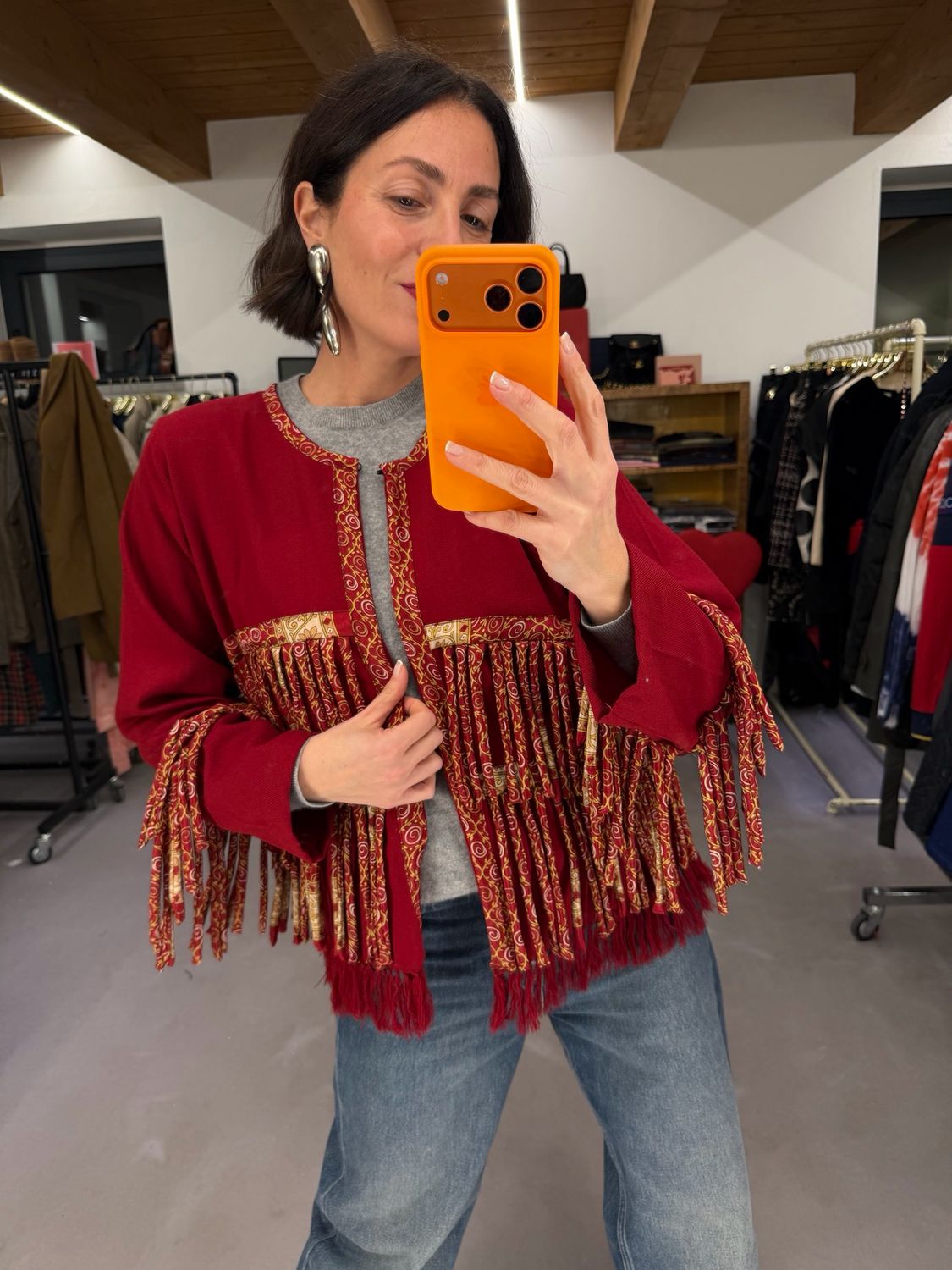 GIACCHINA MISTO LANA PORPORA CON APPLICAZIONI IN SETA FANTASIA