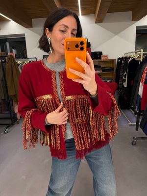 GIACCHINA MISTO LANA PORPORA CON APPLICAZIONI IN SETA FANTASIA