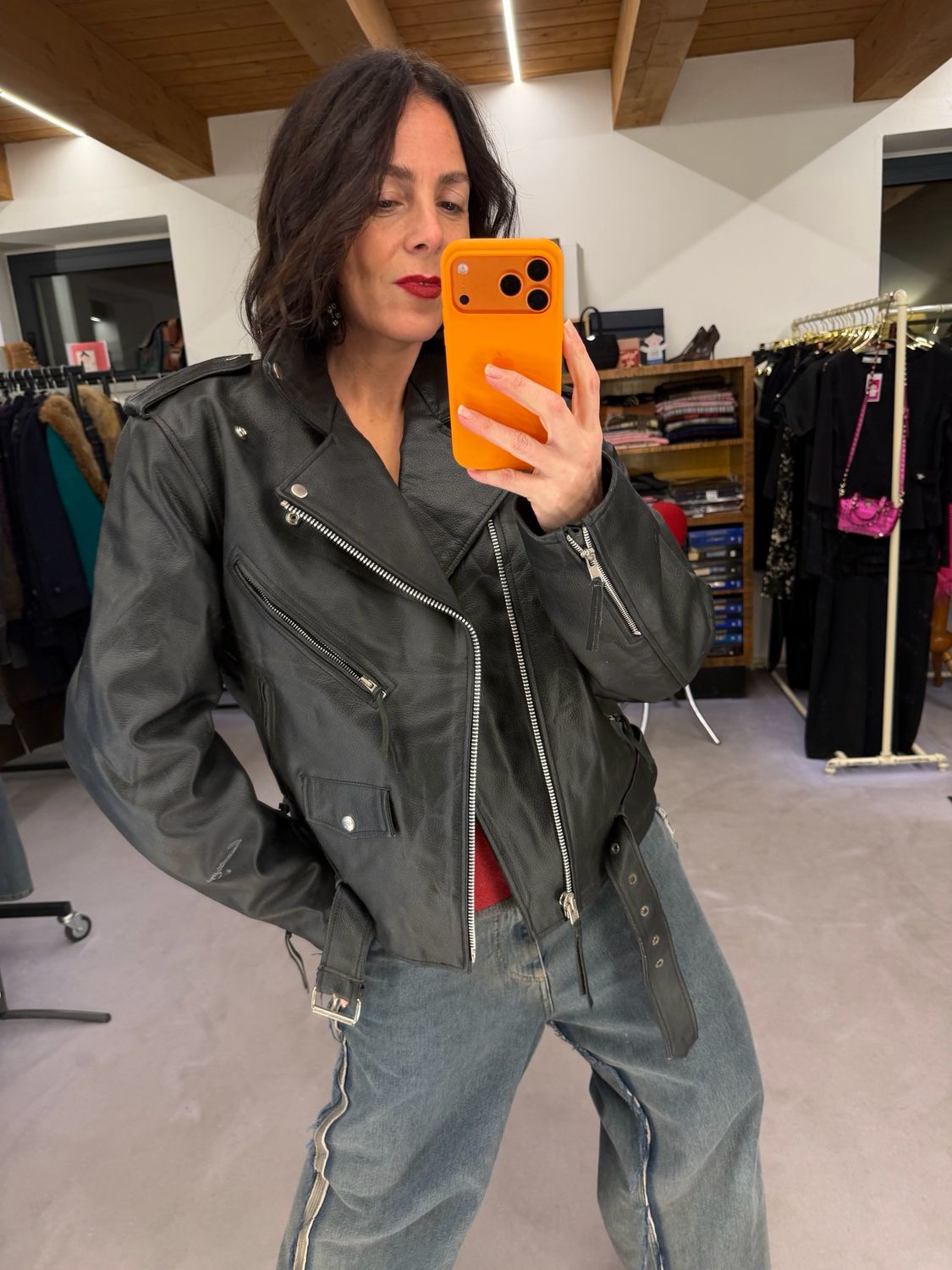 CHIODO VINTAGE VERA PELLE NERA TG 44 OVER