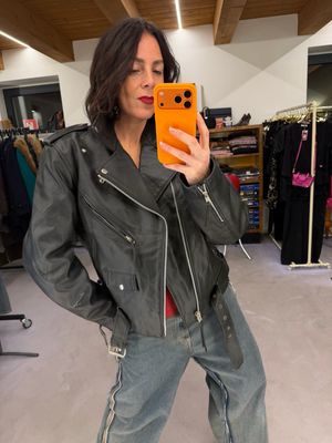 CHIODO VINTAGE VERA PELLE NERA TG 44 OVER