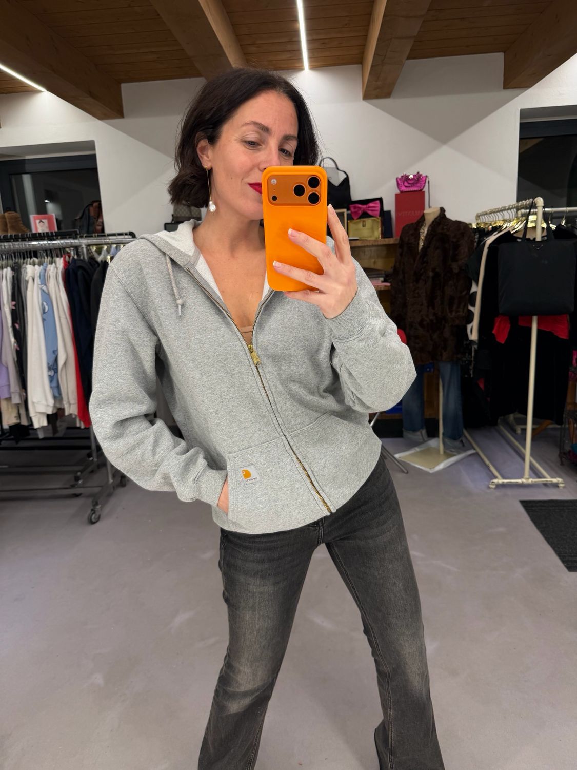 FELPA CARHARTT ZIP E CAPPUCCIO GRIGIO CHIARO MÉLANGE