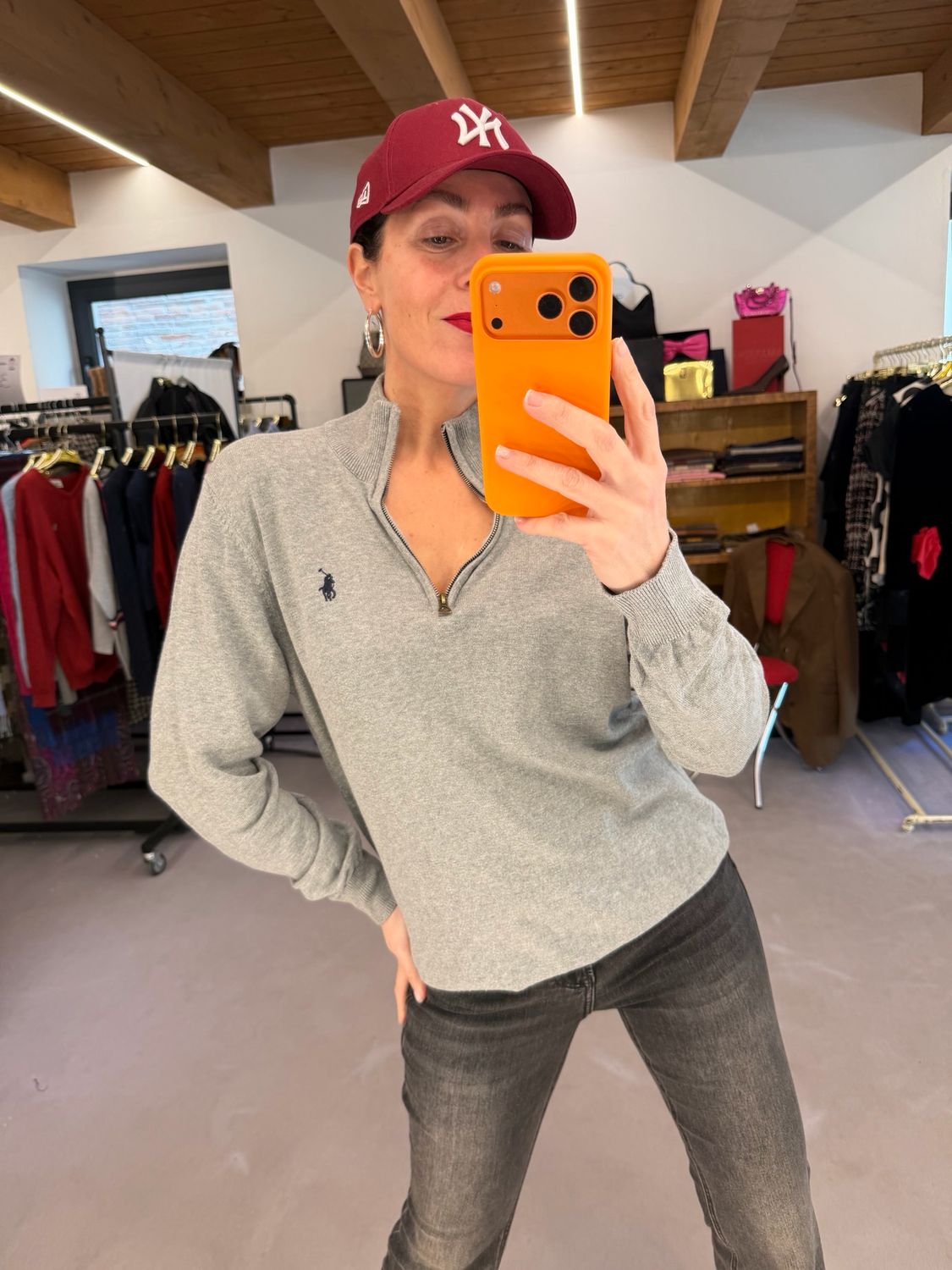 MAGLIONCINO RALPH LAUREN MEZZO COLLO MEZZA ZIP GRIGIO CHIARO TG XXL DONNA SLIM