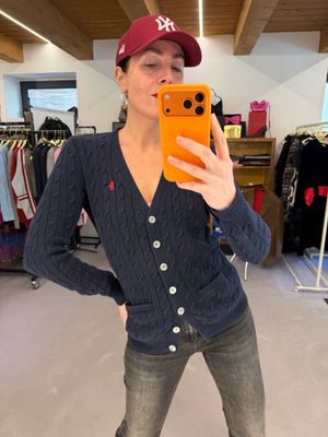 CARDIGAN RALPH LAUREN COTONE A TRECCE BLU CAVALLINO ROSSO TG M