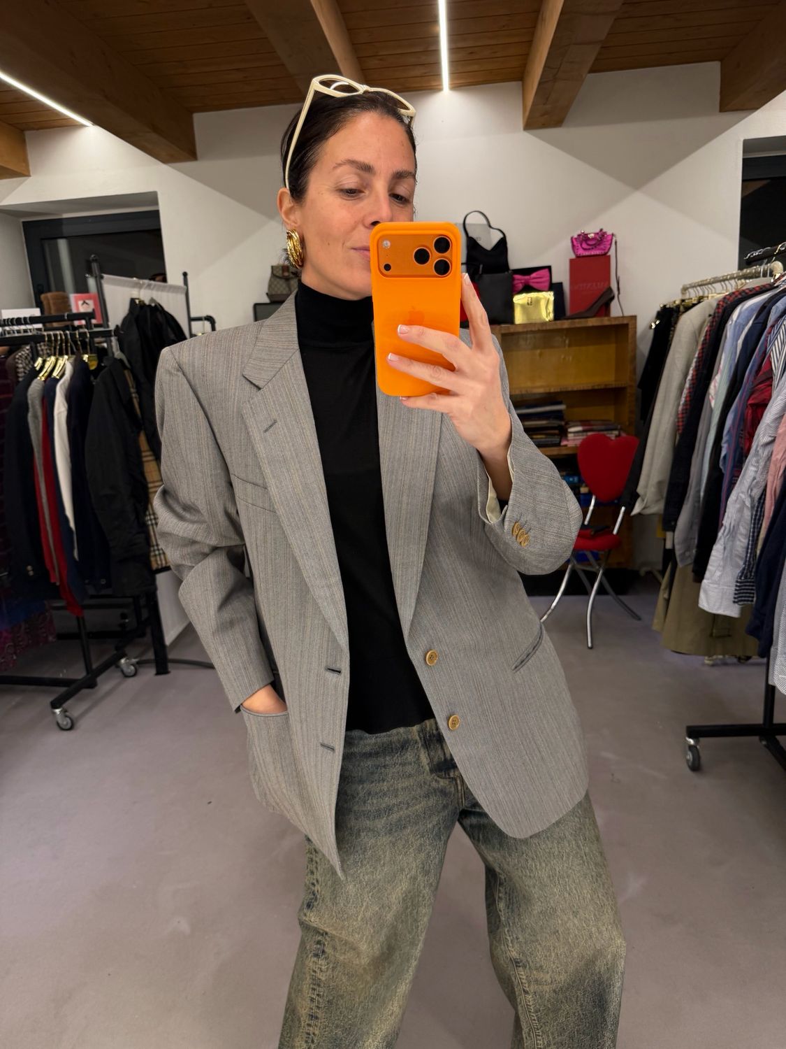 BLAZER VINTAGE GRIGIO PERLA GESSATO TONO SU TONO E CAMMELLO UNISEX VESTIBILITÁ TG 50
