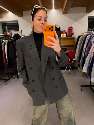 BLAZER VINTAGE FRESCO DI LANA PRINCIPE DI GALLES GRIGIO ANTRACITE TG 50 UNISEX