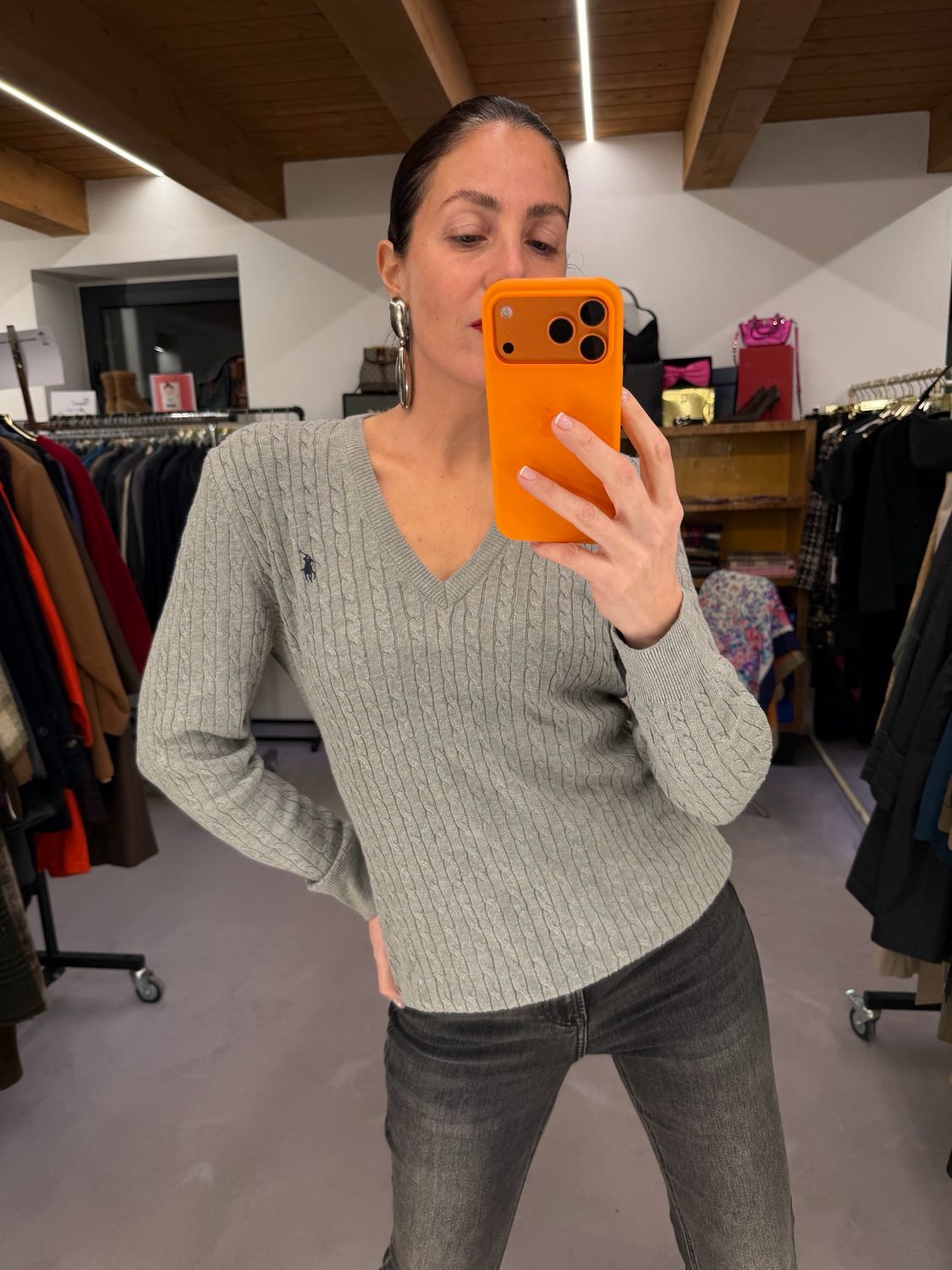 MAGLIONCINO RALPH LAUREN COTONE A TRECCE GRIGIO CAVALLINO RICAMATO