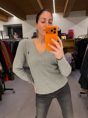 MAGLIONCINO RALPH LAUREN COTONE A TRECCE GRIGIO CAVALLINO RICAMATO