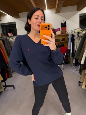 MAGLIONCINO RALPH LAUREN PIMA COTTON BLU V NECK CAVALLINO ROSSO TG L UNISEX 