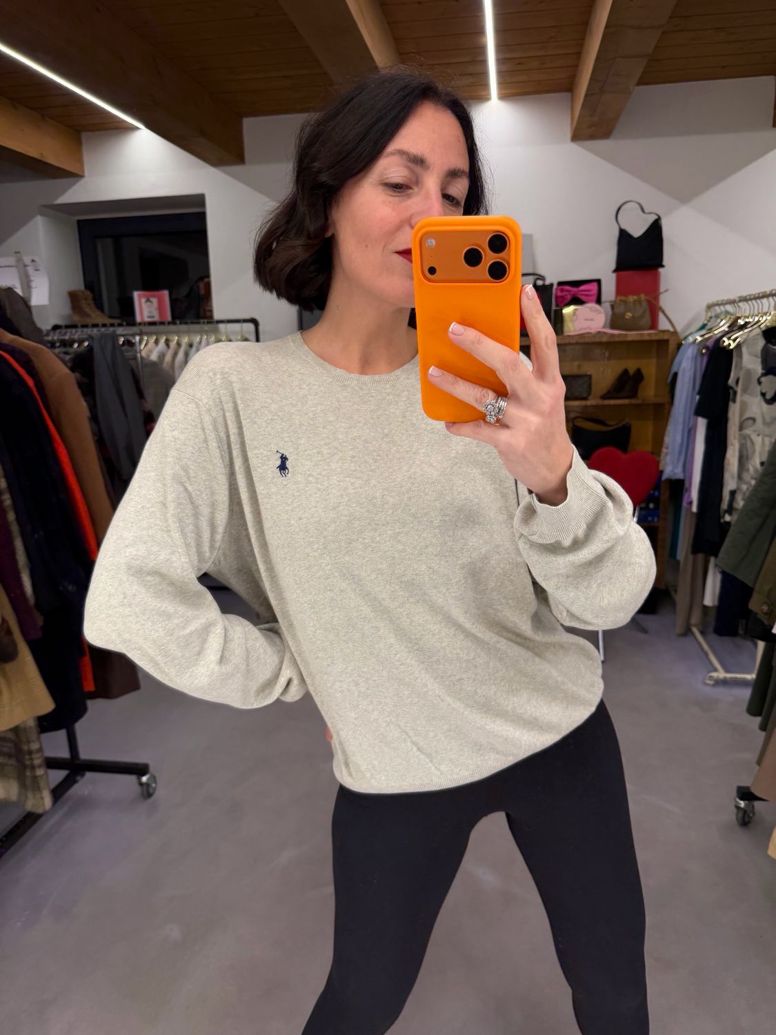 MAGLIONCINO RALPH LAUREN PIMA COTTON GRIGIO CHIARO MÉLANGE CAVALLINO BLU TG XL UNISEX