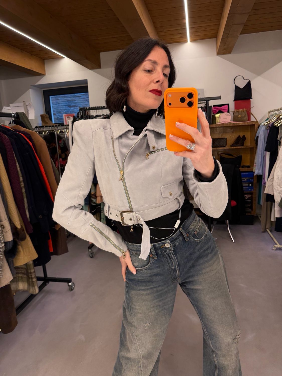 CHIODO CROP PATRIZIA PEPE PELLE SCAMOSCIATA GRIGIO PERLA TG 44