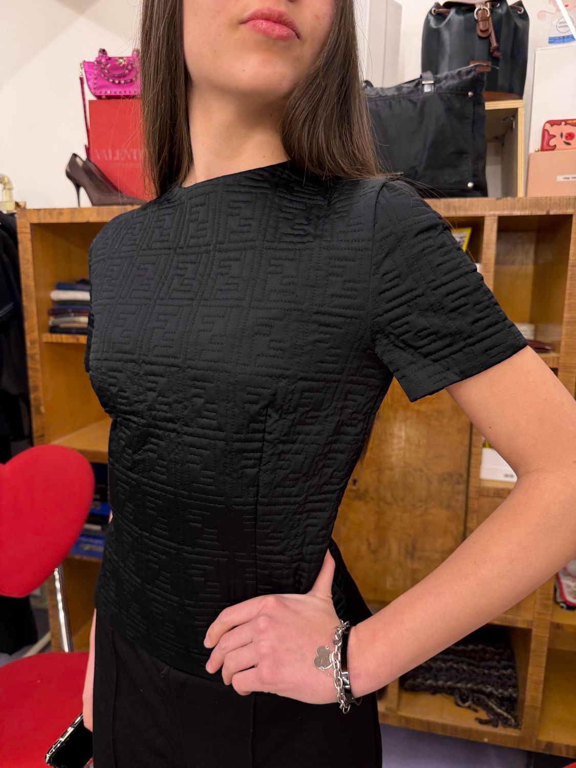 TOP FENDI SETA E ACETATO NERO TRAPUNTATURA ZUCCA