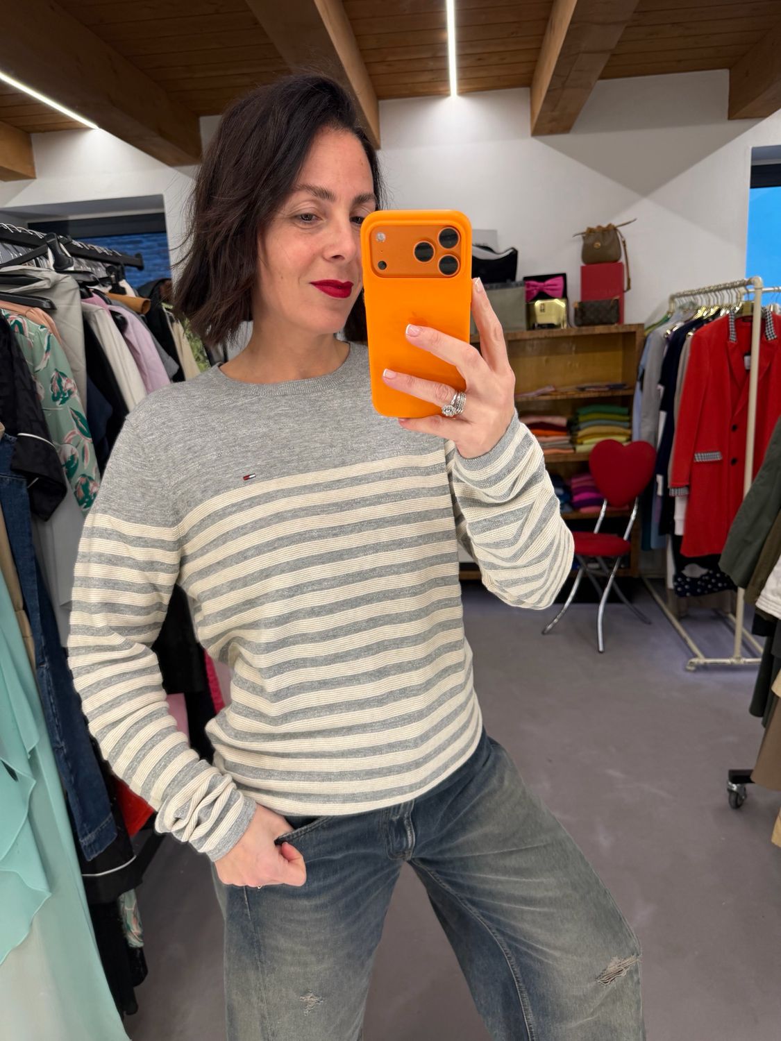 MAGLIONCINO TOMMY HILFIGHER GRIGIO RIGHE PANNA TG XL DONNA