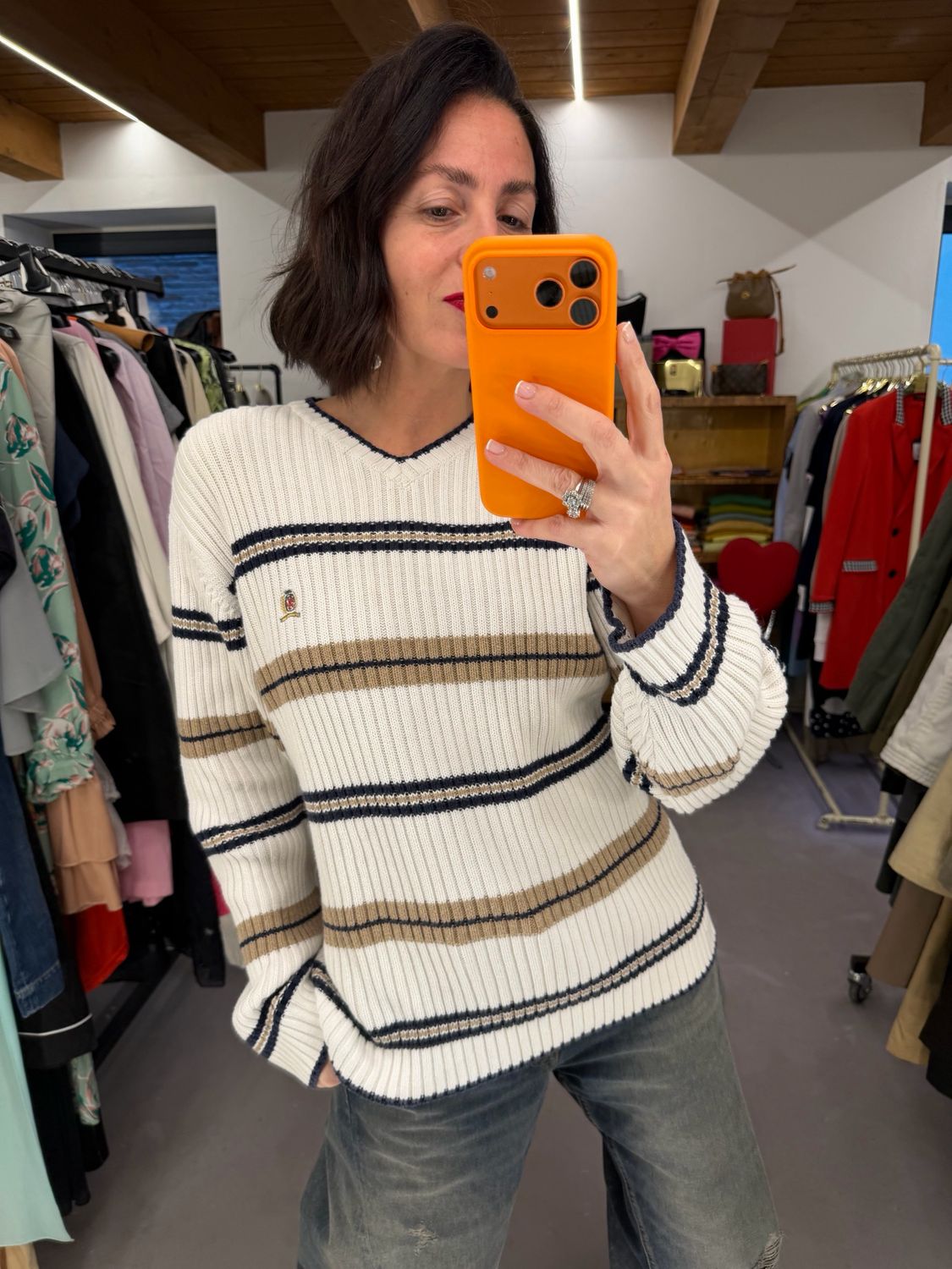 MAGLIONE TOMMY HILFIGHER COTONE A COSTE RIGHE ORIZZONTALI TORTORA/BLU UNISEX TG XL