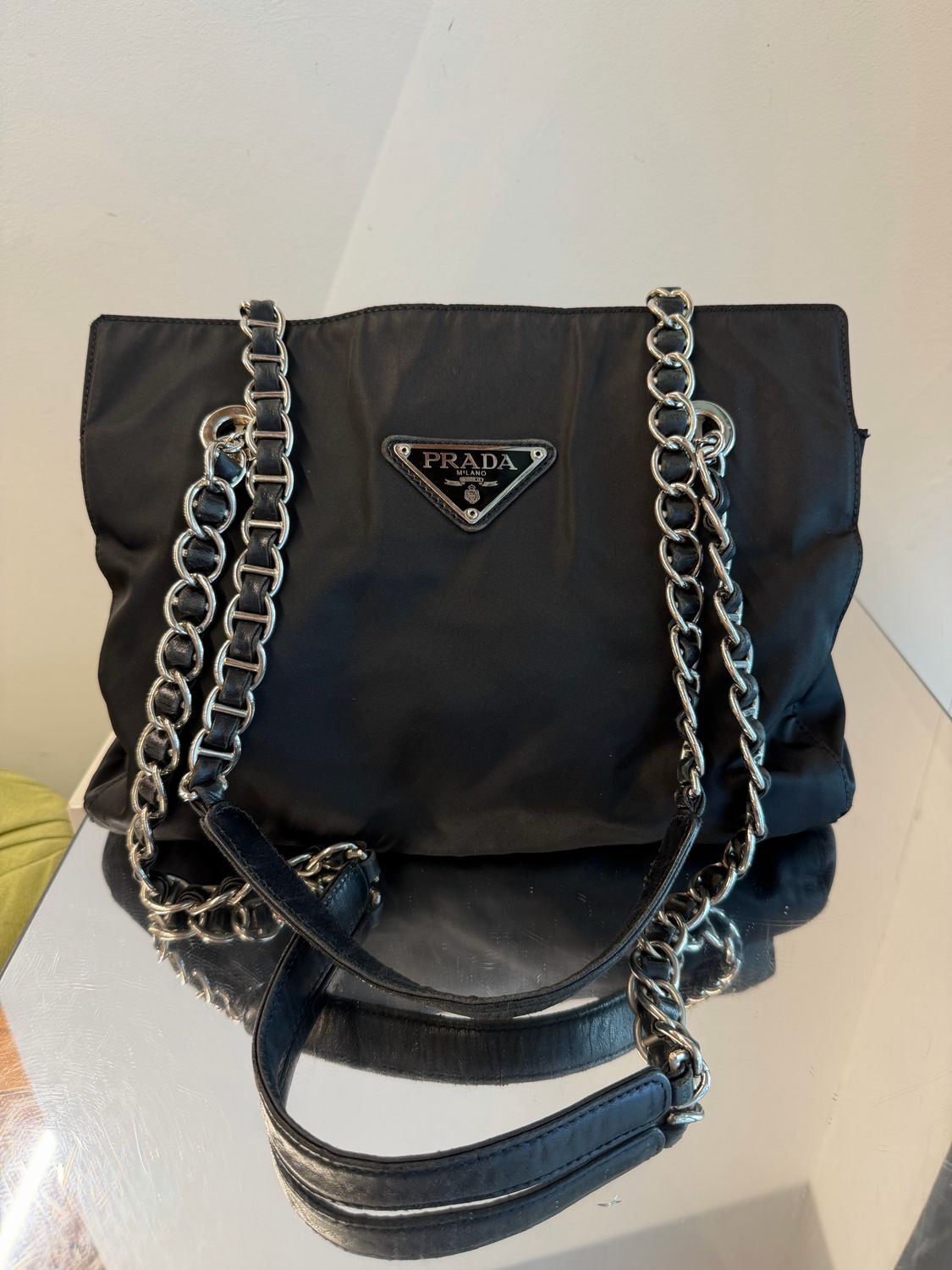 BORSA PRADA VINTAGE NYLON NERO E CATENE