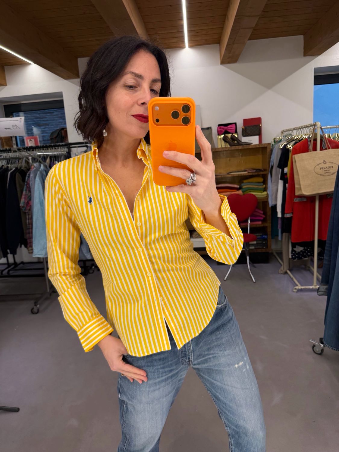 CAMICIA RALPH LAUREN DONNA RIGHE GIALLO BIANCO CAVALLINO BLUETTE