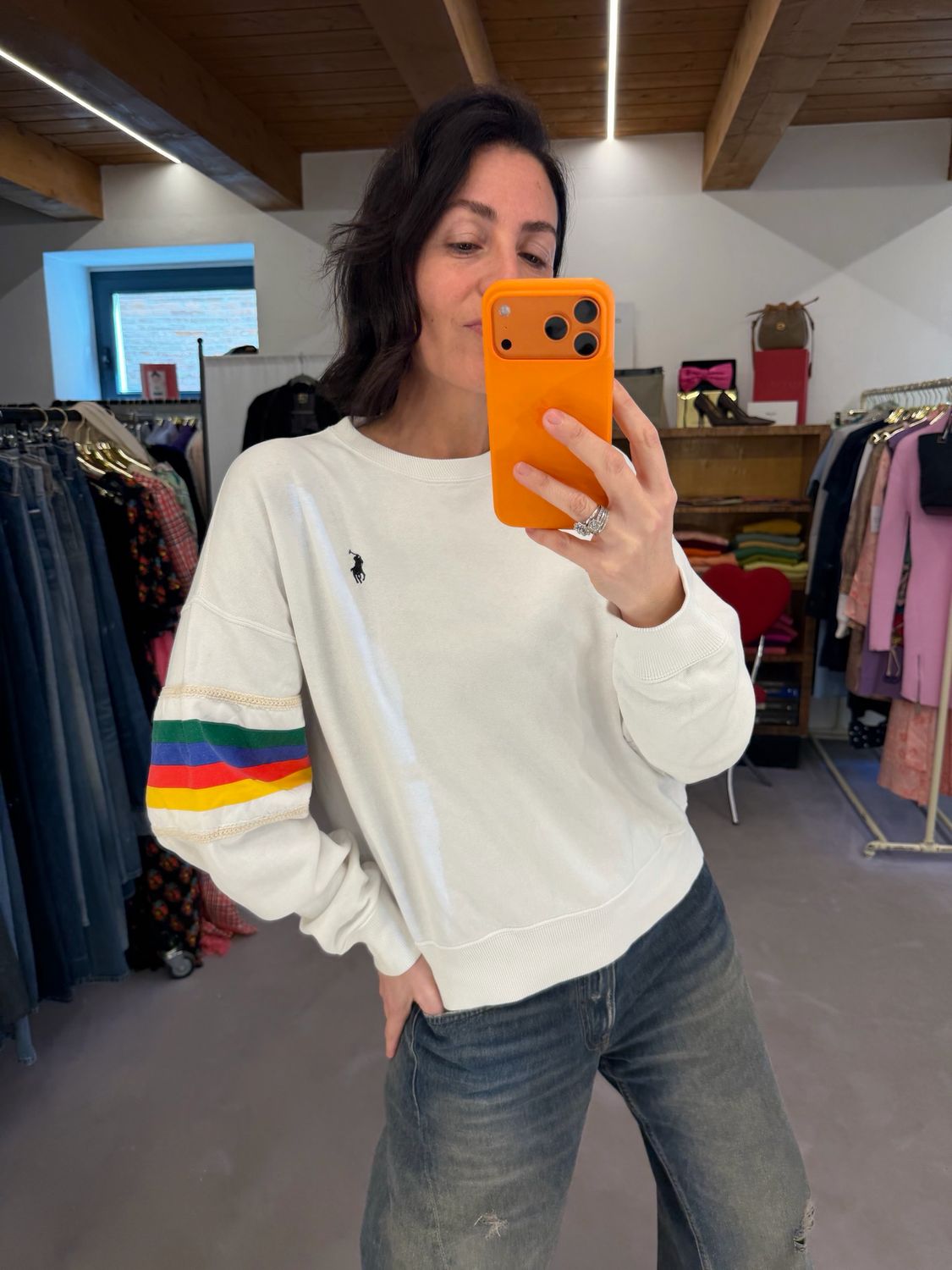 FELPA RALPH LAUREN LIMITED BIANCA CON INSERTO BRACCIO E STAMPA POSTERIORE