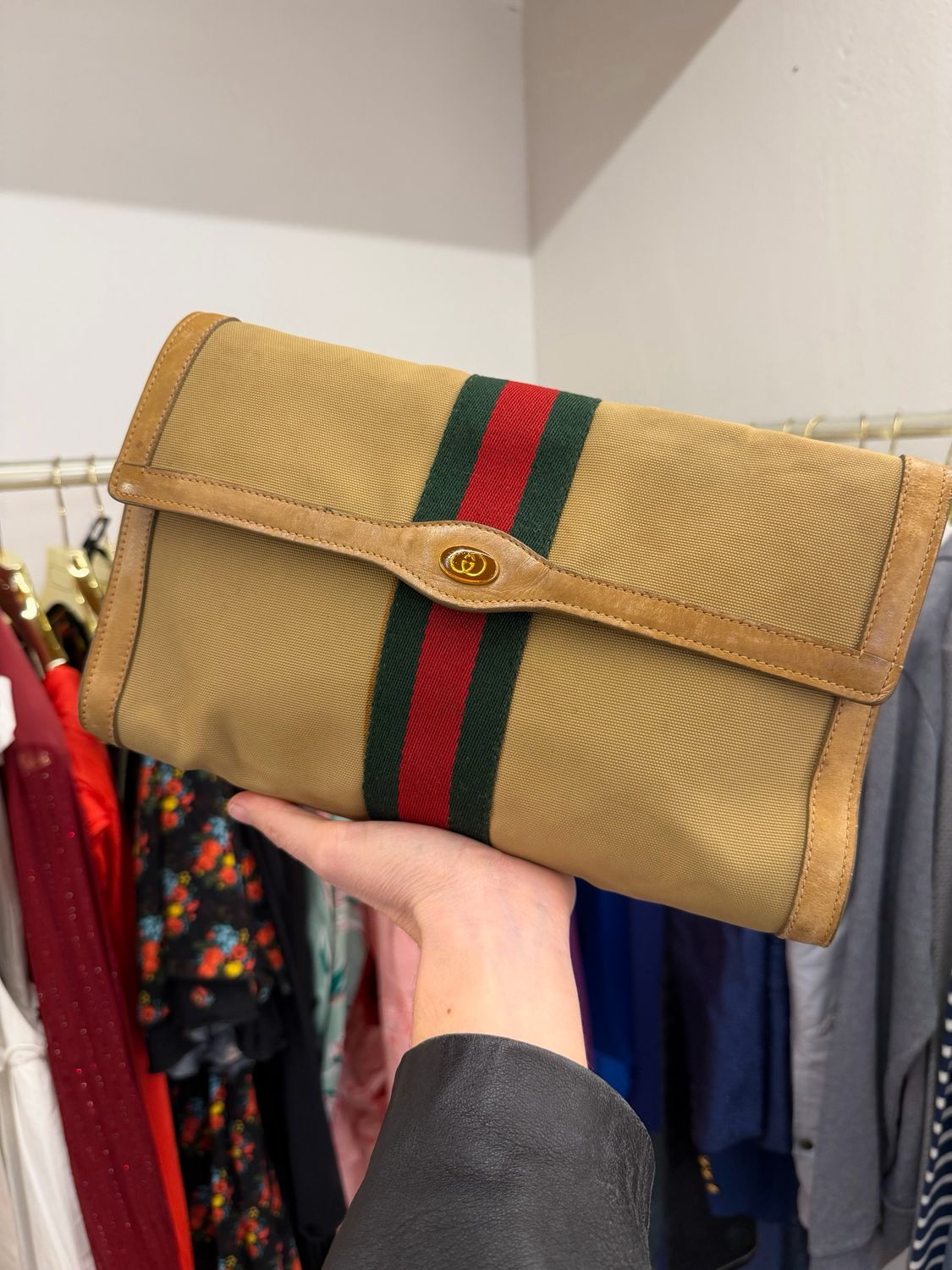 CLUTCH GUCCI VINTAGE TELA E PELLE CAMMELLO