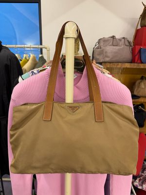 BORSA PRADA NYLON CAMMELLO MANICI IN PELLE CUOIO