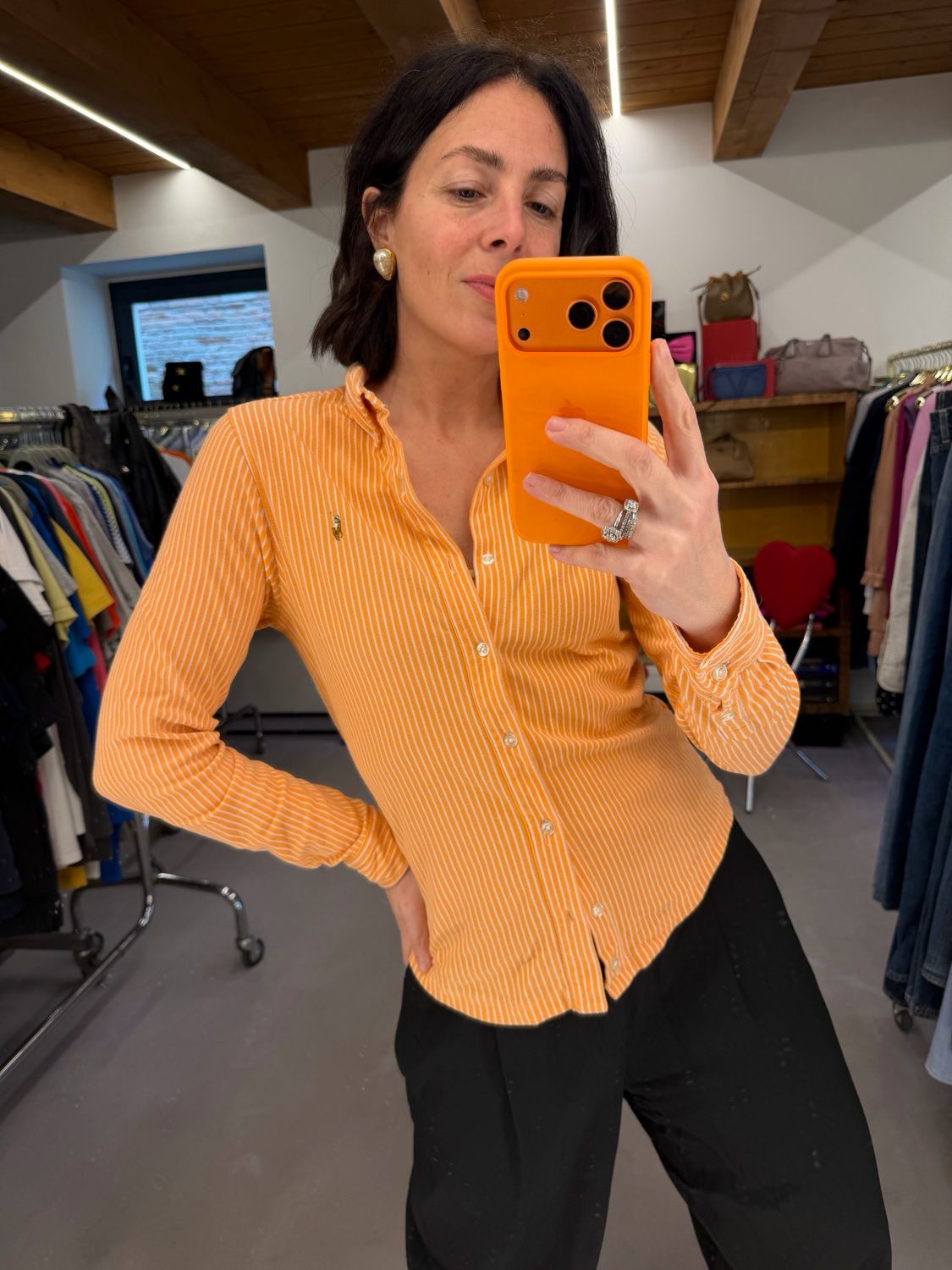 CAMICIA RALPH LAUREN JERSEY DI COTONE ARANCIONE RIGHE BIANCHE CAVALLINO DETTAGLIATO