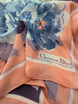 FOULARD CHRISTIAN DIOR PURA SETA FANTASIA FLOREALE AZZURRA FONDO ROSA