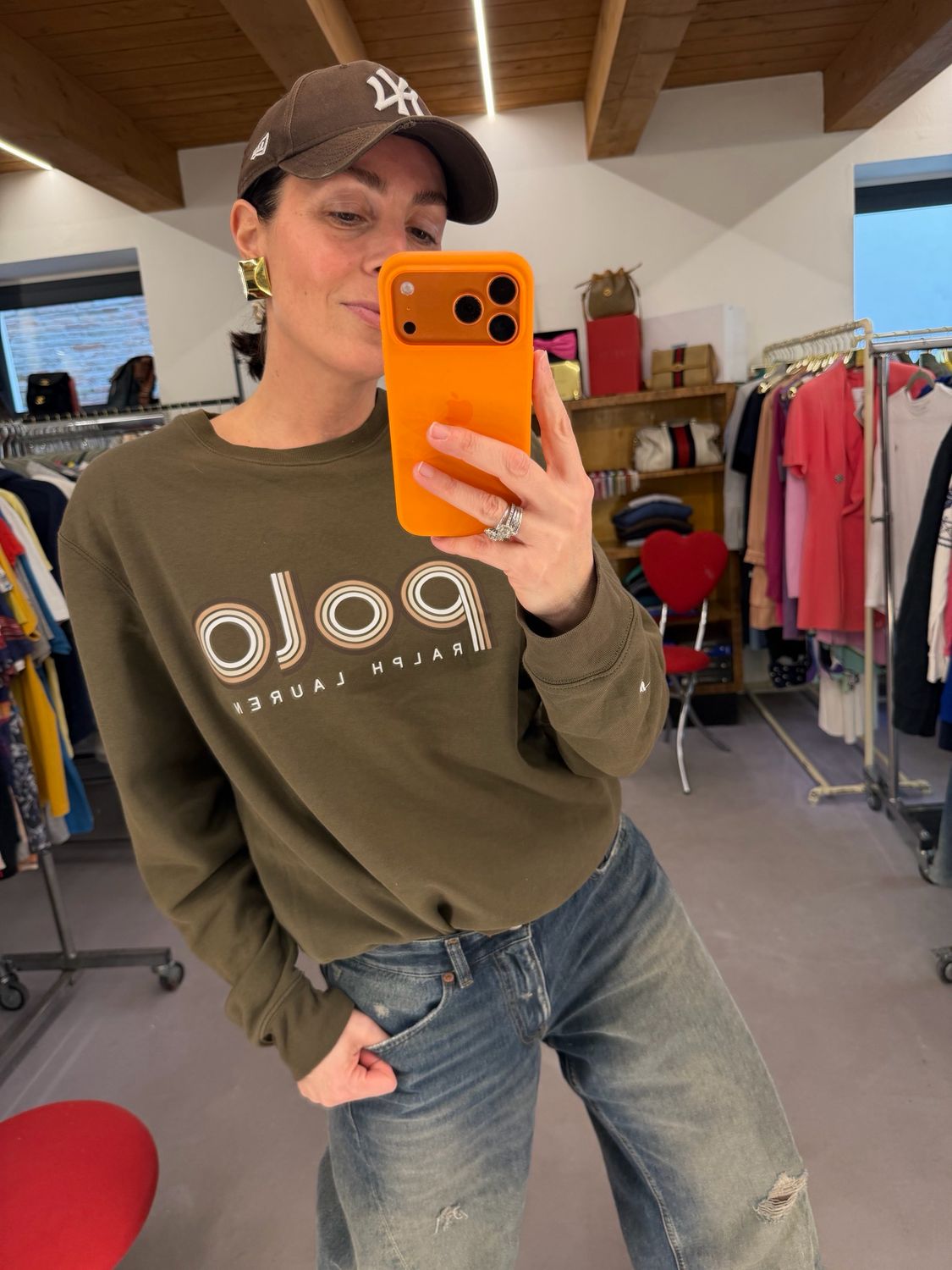 FELPA RALPH LAUREN GIROCOLLO VERDE MILITARE STAMPA POLO E CAVALLINO RICAMATO TG M